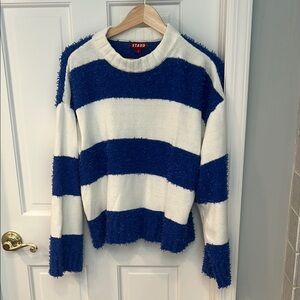 STAUD Bold Blue and White Striped Crew Neck Sweater